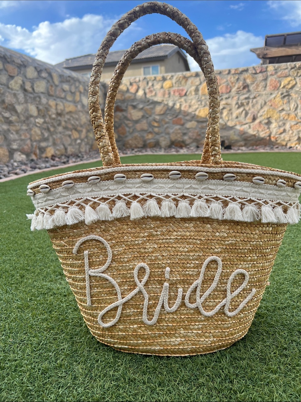 Bride Embroidered Straw Tote Bag in Natural Beige